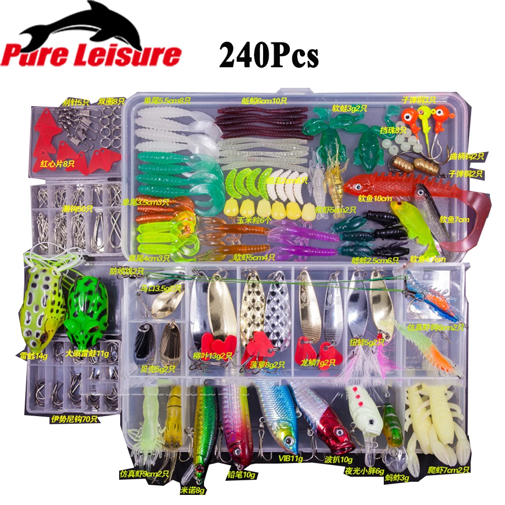 

PureLeisure Fishing Lures Set 15/24/94/240Pcs Minnow Pilers Popper Hooks Fish Lure Kit In Box Isca Artificial Bait Fishing Gear
