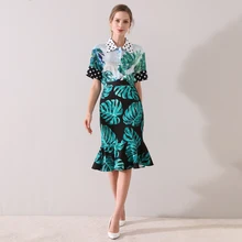 New 2020 spring summer women mermaid skirt suit green leaves print black skirts polka dot short sleeve tops shirt two piece set