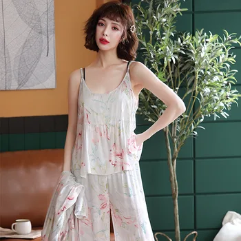 

Feier 2019 Flowers Printing Camisole Large Size Loose Thin Home Clothes Women's Long-sleeved Cropped Trousers Pajamas Set