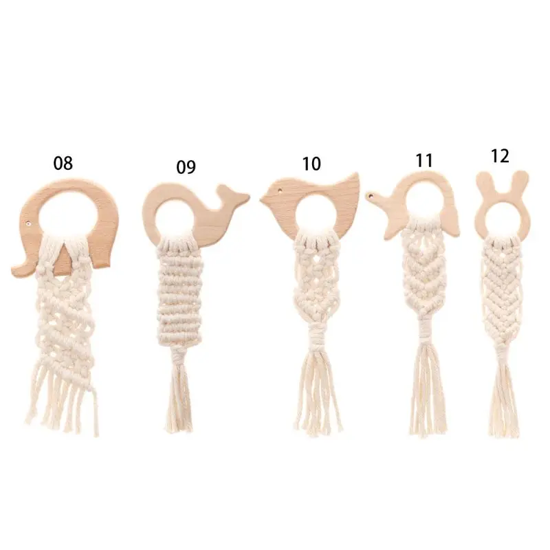 

Wooden Woodland Animal Macrame Natural Cotton Baby Teether Wood Dolphin Elephant Bird Boho Teething Toy