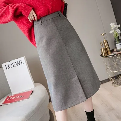 deep grey Однотонные осенние длинные юбки с разрезом спереди для женщин корейская трапециевидная яркая шелковая элегантная юбка миди Женская Офисная Женская юбка - Цвет: deep grey