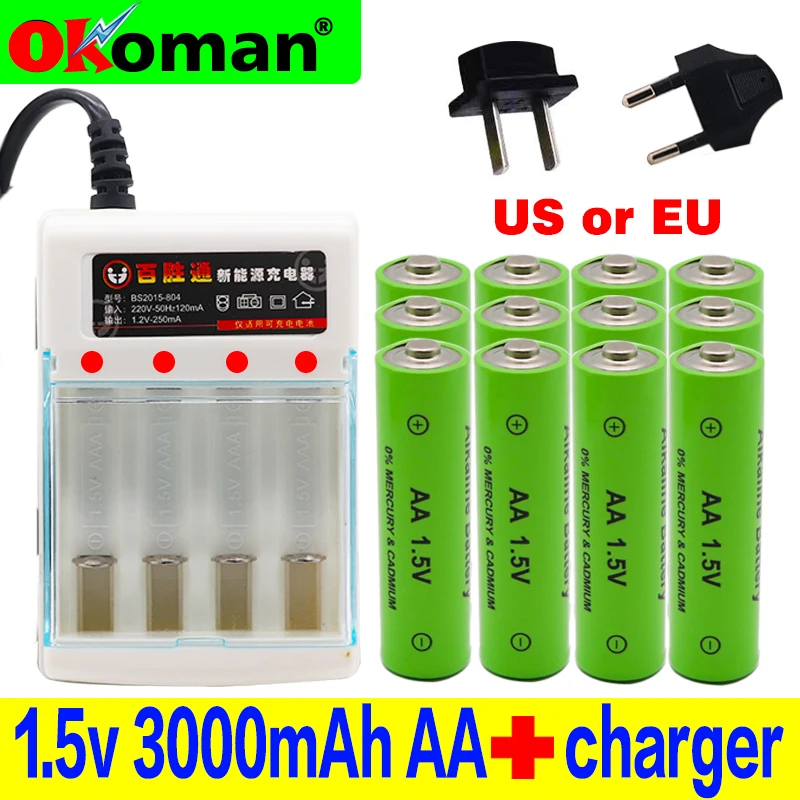 lote New Tag 3000 MAH rechargeable battery AA 1.5 V. Rechargeable Alcalinas drummey for toy light emitting diode +charger | Электроника
