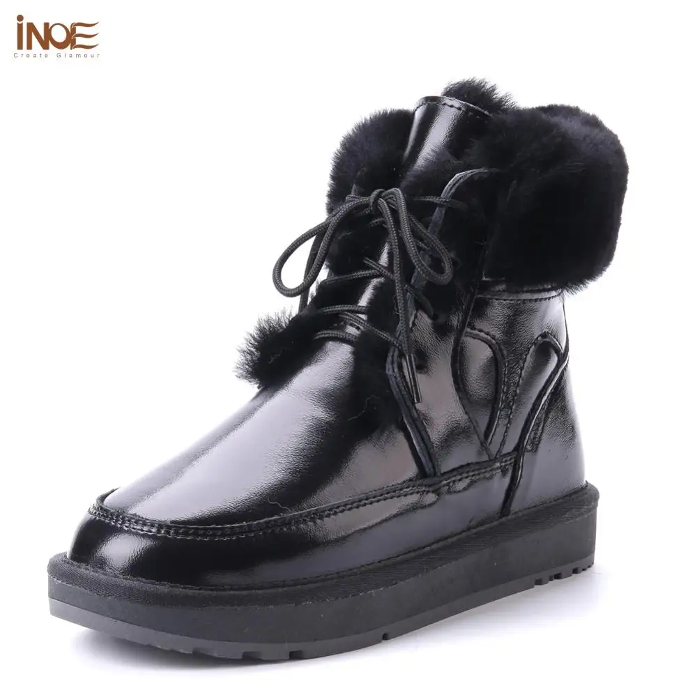 INOE Fashion Real Cow Leather Natural Sheep Fur Lined Men Casual Short Ankle Winter Snow Boots Warm Shoes Flats Waterproof Black 1