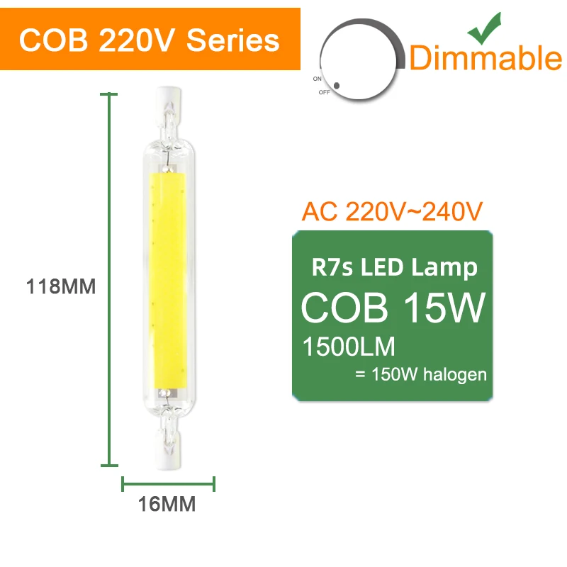 Kaguyahime СВЕТОДИОДНЫЙ R7S 78 мм 118 мм диммируемая лампа 6 Вт 9 Вт 15 Вт Светодиодный светильник переменного тока 220 в 240 В COB лампа для замены галогенной лампы Светодиодный точечный светильник - Испускаемый цвет: COBL 118mm 220V Dim