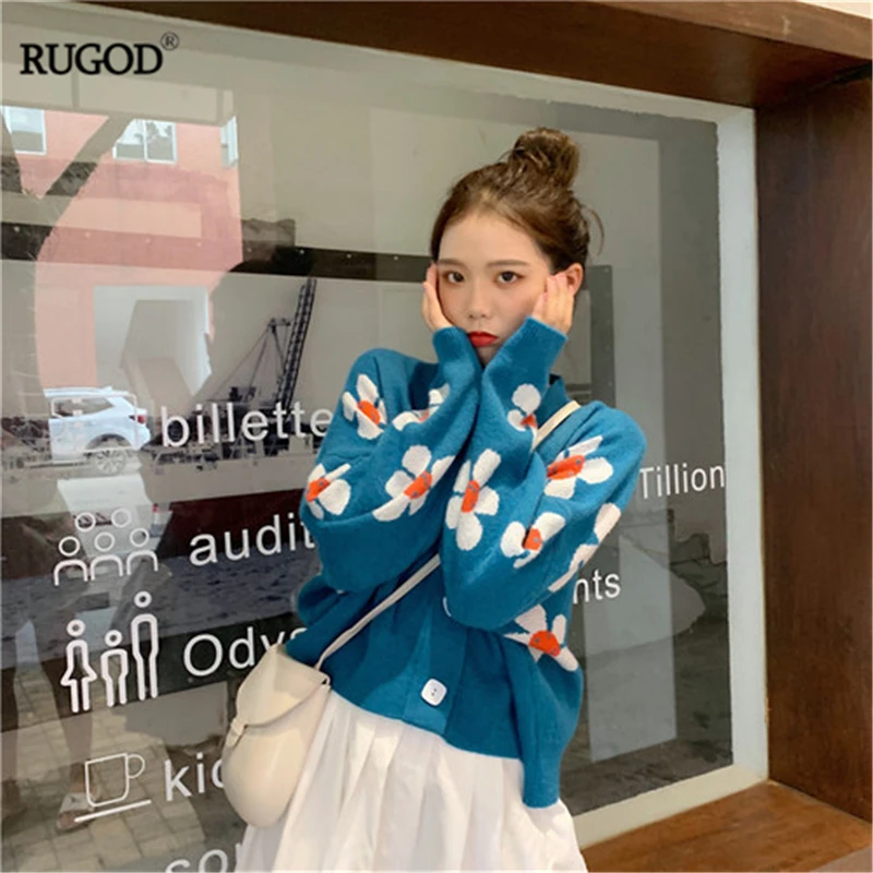 RUGOD 2019New женский свитер с цветочным узором с v-образным вырезом, однобортные пуговицы, Свободный вязаный кардиган, милое корейское стильное осеннее пальто для женщин