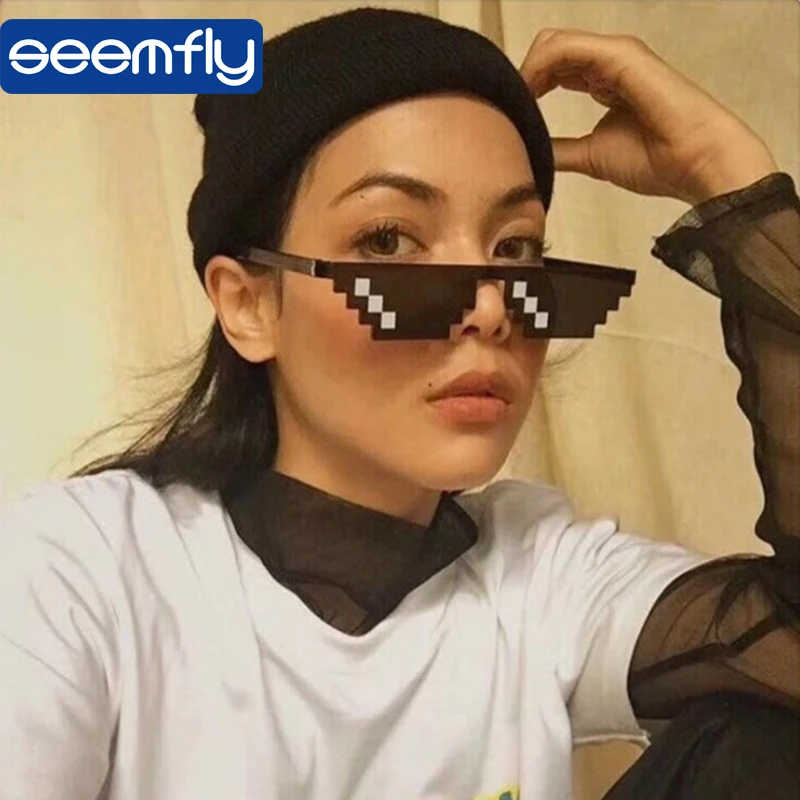 seemfly Funny Glasses Women Men Polygal Brand Thug Life Sunglasses Mosaic Masculine 8 Bits Style Pixel Sun Glass_voghion.com