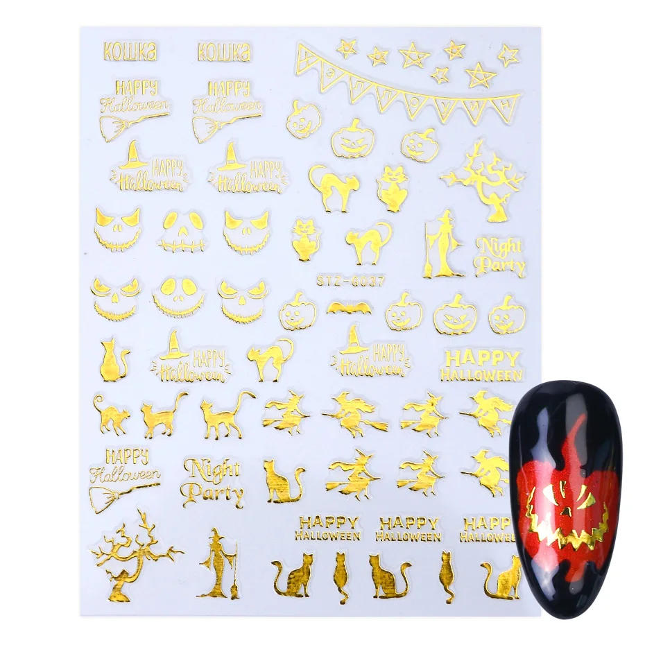 1 шт Золотые 3D наклейки для ногтей слайдеры Хэллоуин Череп Кошка паук дизайн ногтей наклейки декор Mancure TRSTZ-G032-040-1