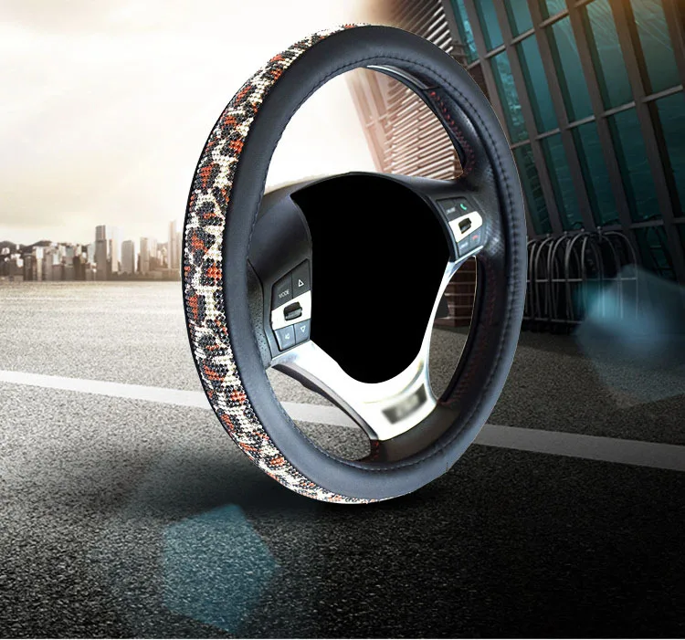 Кристальный чехол на руль с леопардовым узором из искусственной кожи, блестящие стразы, Универсальный 15 дюймовый автомобильный руль, розовый, синий