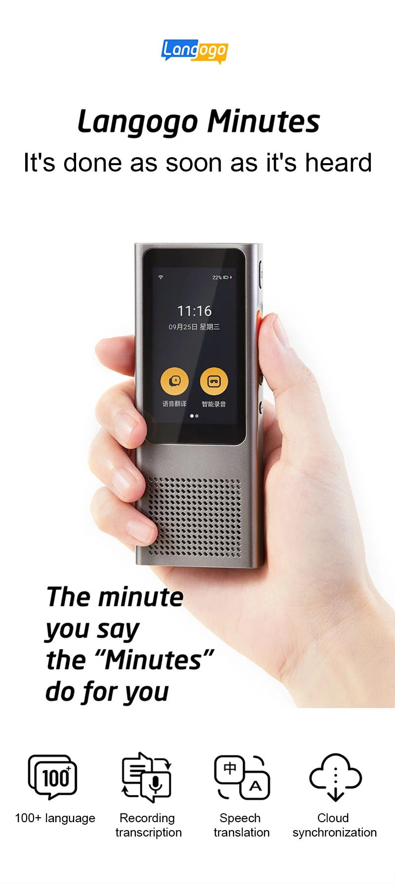 VLAMPO Translation AI Smart Voice 100 Languages Real-time Face-to-Face WIFI 2.4''TFT 12MP Multi-function Translator