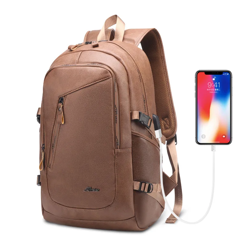 Coffee USB зарядное устройство мужские s рюкзаки для ноутбука PU мужской кожаный рюкзак для ноутбука черный водонепроницаемый бизнес-рюкзак дорожные сумки - Цвет: Coffee