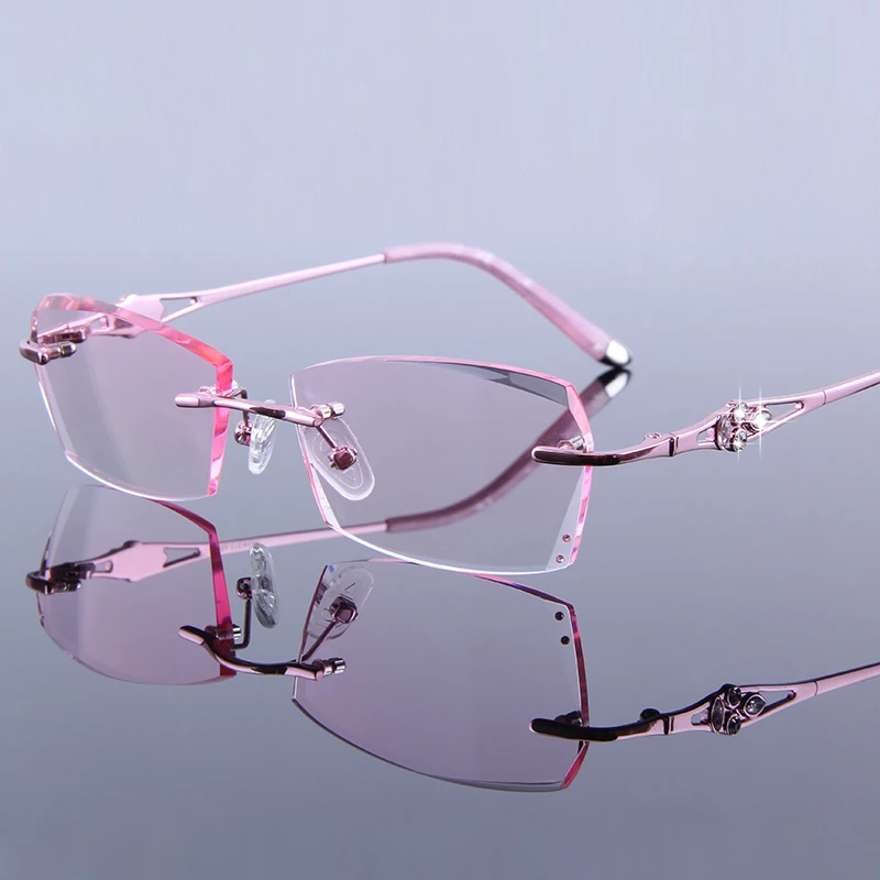 

Eye Glasses Frames for Women Rhinestone Rimless Eyeglass Lady Reading Glasses High Clear Lens Hyperopia Women's Pink Presbyopic