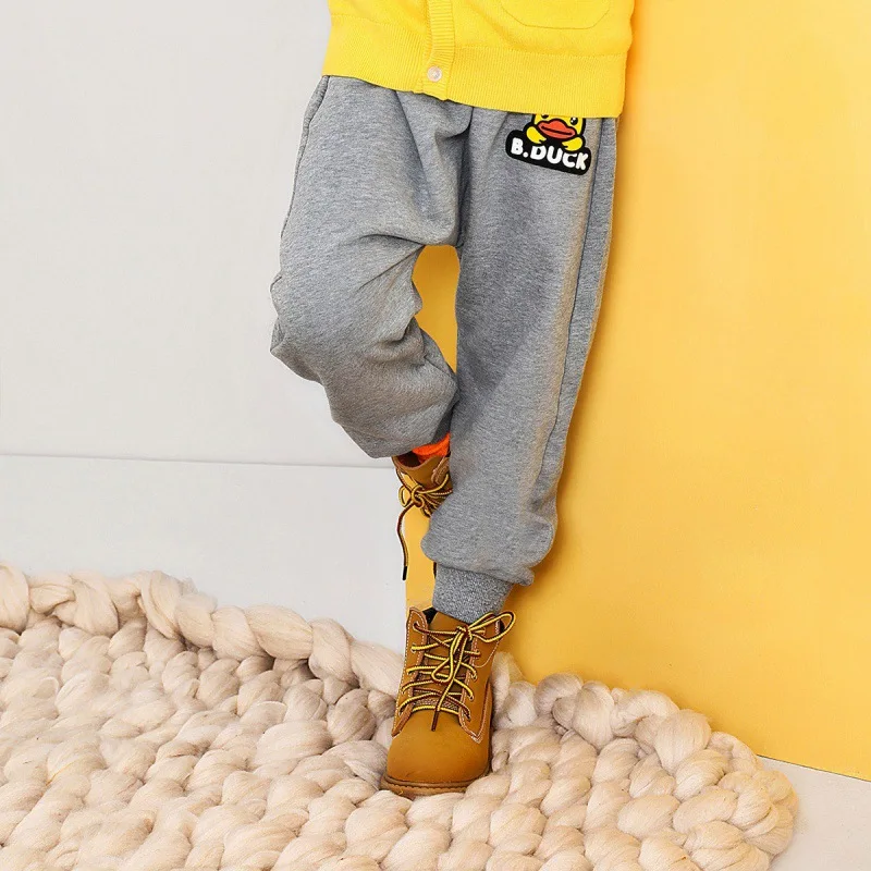 

B. Duck Small Yellow Duck Spring And Autumn Cartoon Printed Ribbed Pattern Drawstring Top Closing Foot Boys Trousers Knitted Pan
