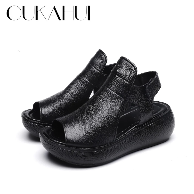 OUKAHUI/ г.; летние женские босоножки на толстой плоской платформе; Модные женские босоножки из натуральной коровьей кожи на танкетке с открытым носком