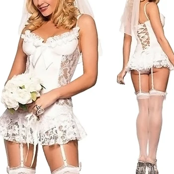 

New Women's Sexy Sling v-neck backless Lace Nightgowns Mini dress Outfit Bride Costume Lingerie Wedding Mini Dress Pants