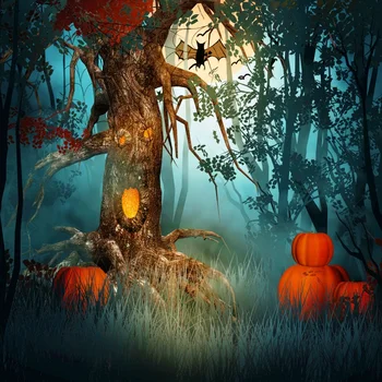 

Laeacco Halloween Background For Photography Forest Tree Pumpkin Bat Grass Child Scenic Photo Backdrop Photocall Photostudio
