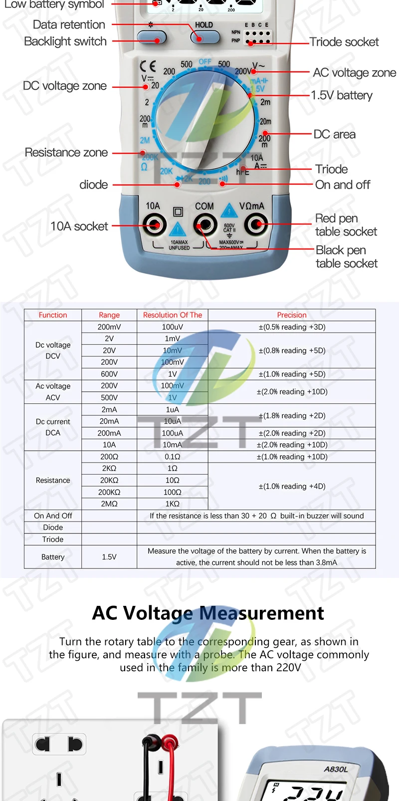 TZT 1/2 Stück A830L LCD Digitaler Strom-Spannungs-Tester Modul zur Erkennung von Gleich- und Wechselspannung sowie Frequenz – Detail 2