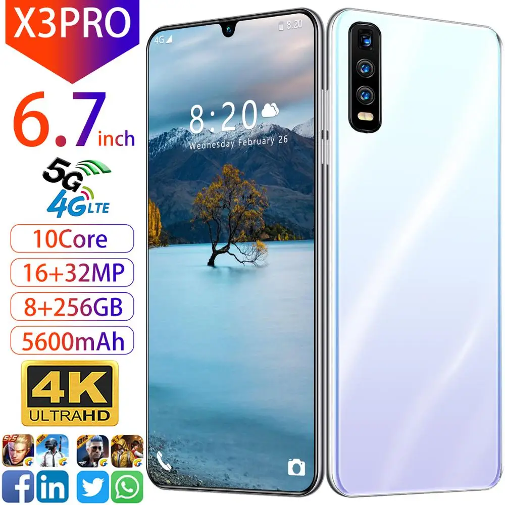 2020 New X3 Pro 5G Android 10.0 Mobile Phone 6.7 Inches Water Drop Screen 8GB 256GB Smart Phone 16MP 32MP 5600mAh Cellphone