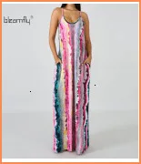 Boho, Радужный сарафан с принтом Tie Dye, спагетти ремень, v-образный вырез, карман, женские длинные платья, летние пляжные макси платья, вечерние платья