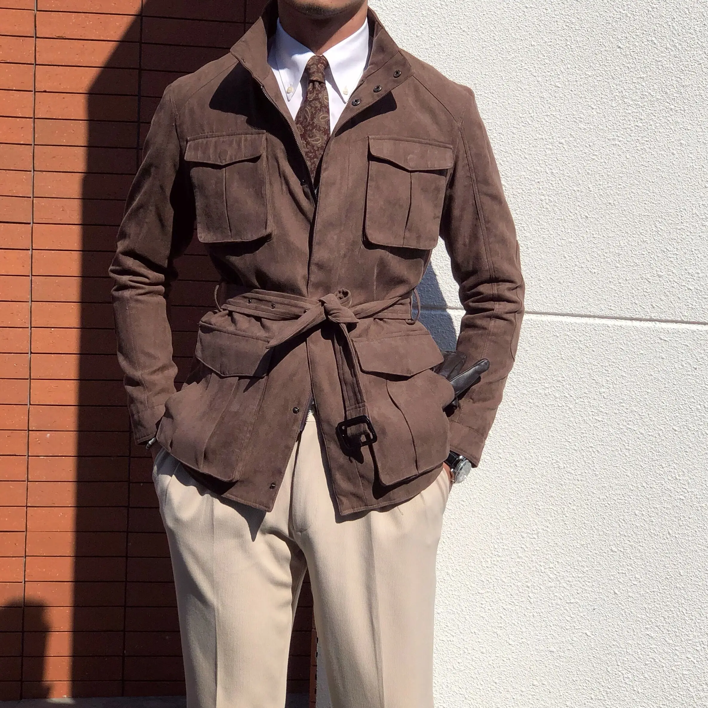 

Men Clothing Spring New Faux Suede Safari Thick Solid Color Lapel Jacket Double Zipper Casual Slim Single-breasted Jackets
