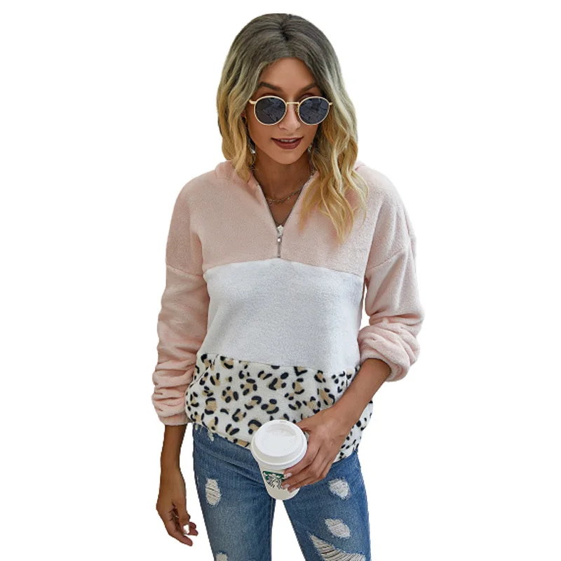 

New Autumn And Winter Woman Hoodies Pink Long Sleeve Leopard Print Stitching Plush Color Block Top Fall 2020 Women Clothing