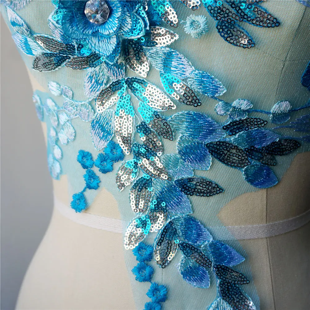 Небесно-Голубой 3D цветок кружевная ткань с серебряными блестками вышитое платье Аппликации воротник тюль сетка пришить патч для украшения свадебного платья