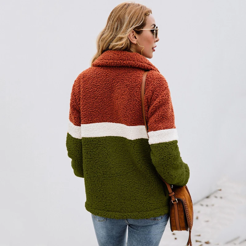 Ideal  Lossky Women Autumn Winter Plush Jacket Coats Long Sleeve Flannel Warm Outwear Female New Patchwork
