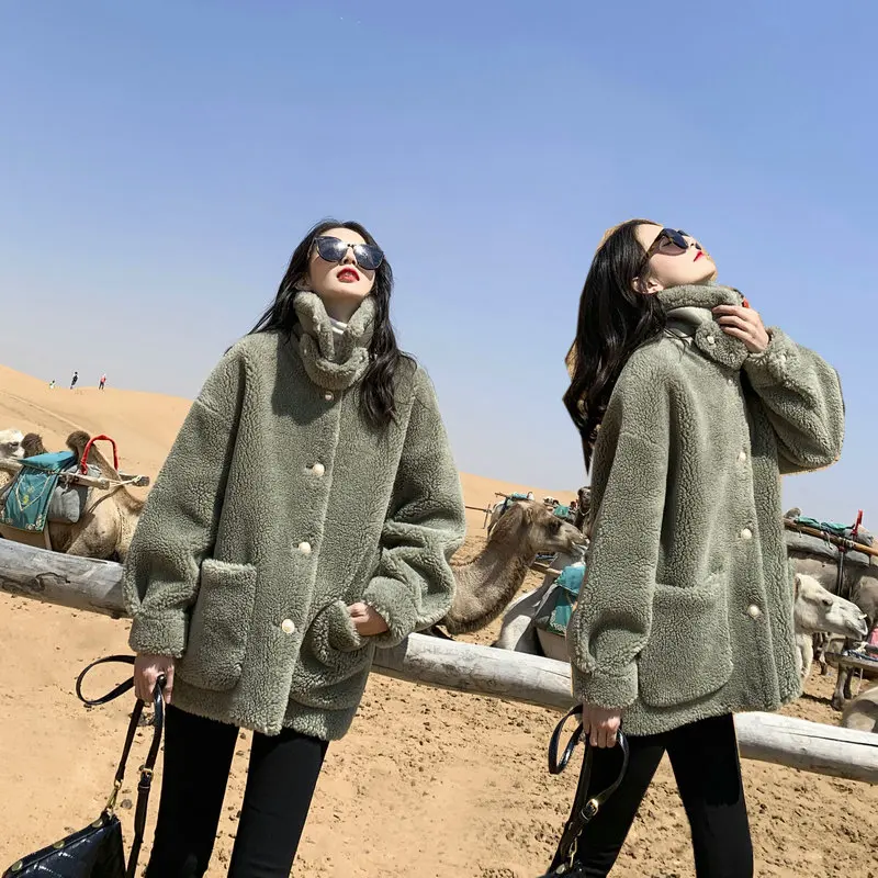 

Acz19 Winter Pearl Clasp Fur Lambs Wool Coat Korean-style New Style Women's Loose-Fit Single-Breasted Coat