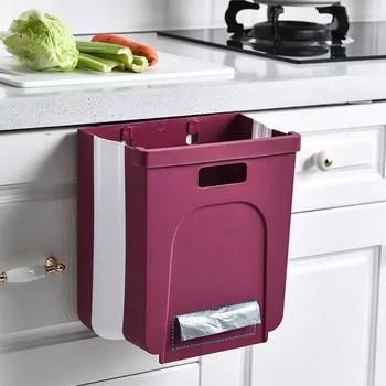 

Practical Wall Mounted Folding Waste Bin Kitchen Cabinet Door Hanging Trash Cans Kitchen Toilet Waste Storage Bucket Trash Can