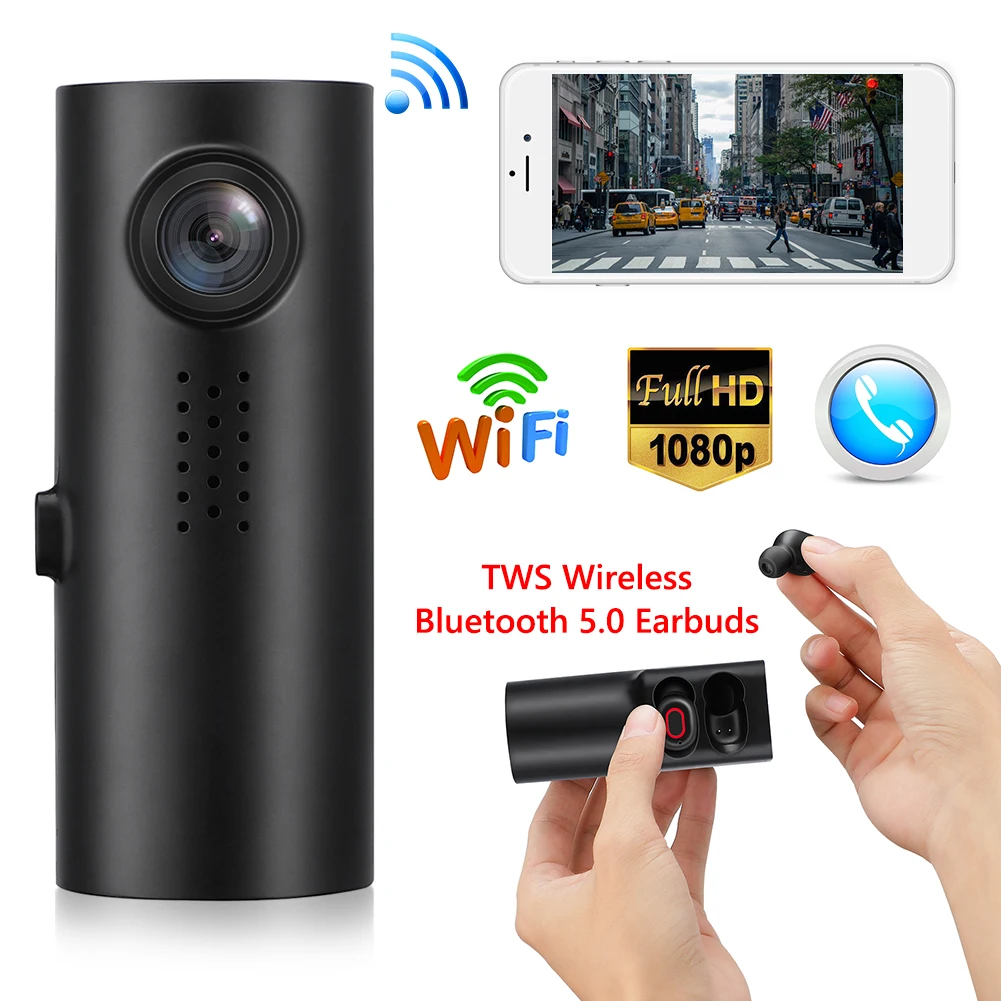 WiFi Car DVR Dashboard Camera Full HD 1080P with TWS Bluetooth 5.0 Earbuds Front Tachograph Safe Asystem | Автомобили и мотоциклы
