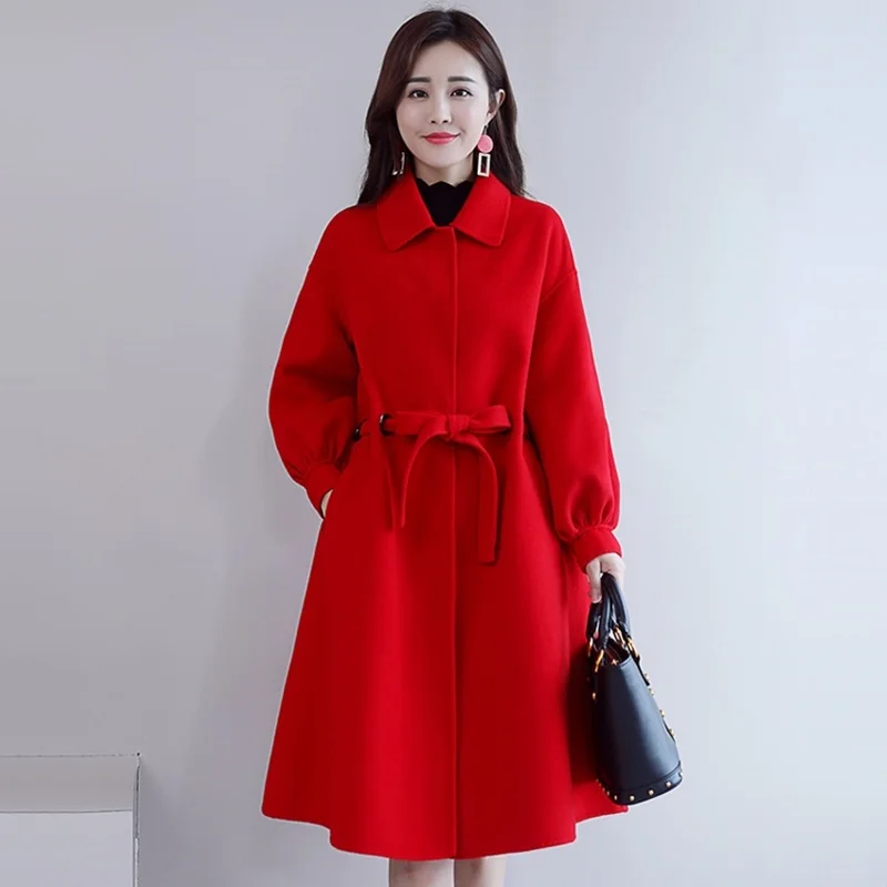 Long Elegant Wool Blends Coat Women Winter Casual Turndown Lace-Up Woolen Coat Korean Vogue Lantern Sleeve Warm Outerwear AA5080