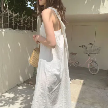 

Cross Back White Dress Women Sleeveless Vintage Straight Summer Party Dress Oversized Loose Elegant Korean Cotton Tank Dress New