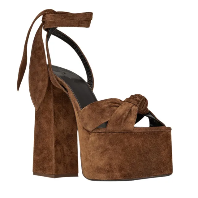 Women Chunky High Heels Lace-up Sandals Sexy Platform Round Toe Evening Party Shoe Ankle Strap Ball Summer Lady Sandals 1-D-SL-4 Brown Suede
