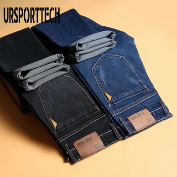 

URSPORTTECH 2019 New Men's Straight Jeans Men Elastic Cotton Pants Loose Fit Thin Denim Trousers Men's Brand Fashion Wear