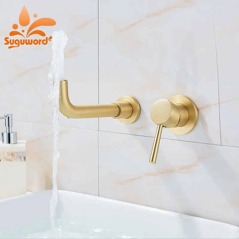 

Brushed Gold Basin Faucet Concealed Wall Mounted Faucet Tap 360 Rotation Single Handle Hot Cold Water Bath Mixer Tap