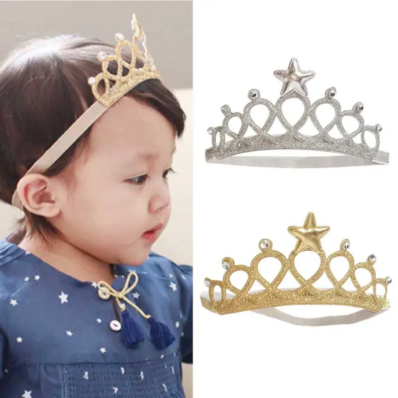 

2020 Gold Sliver Crown Headband Kids Girl Child Toddler Cute Fabric & Crystal Hair Accessories Headwear