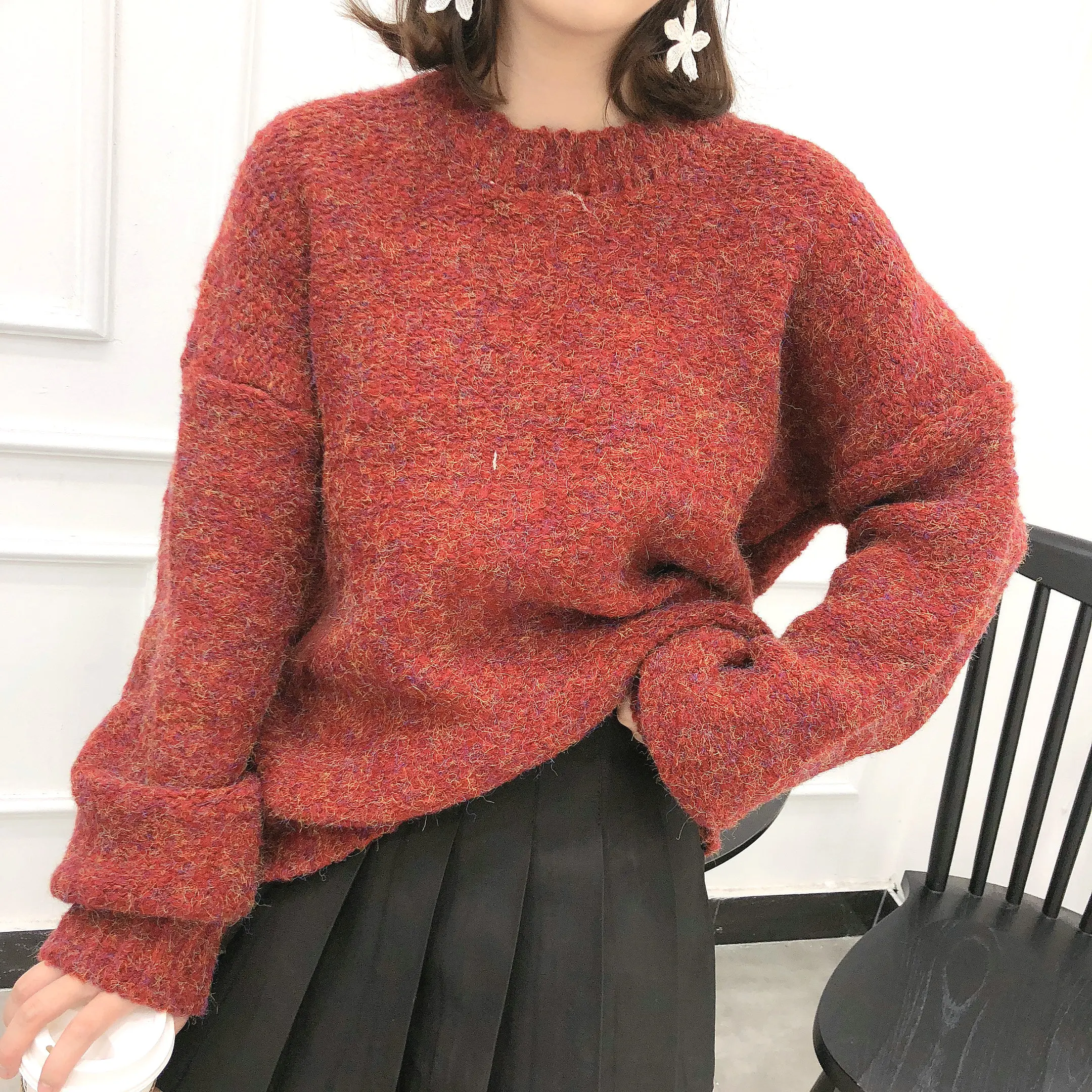 Женский офисный пуловер Свитер оверсайз с круглым вырезом и длинным рукавом