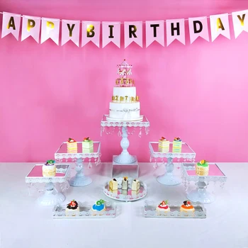 

white Mirror surface square Cake Stand Set Metal Crystal Cupcake Wedding Dessert Display Tray Rack Cake Decoration