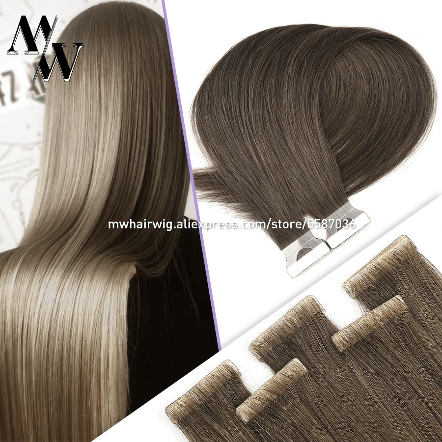 MW cinta de doble cara de piel sintética marrón, extensiones de cabello  humano, adhesivo Remy, pegamento Natural, 100% pelo de trama de piel Real,  16 \