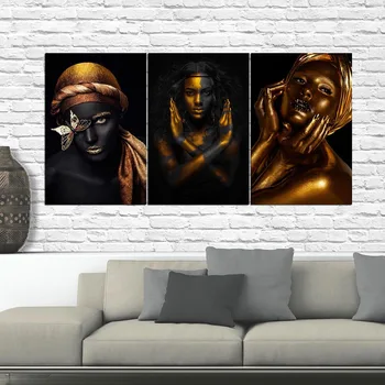 

Canvas Wall Art Golden Home Decorative Black Woman HD Printed Poster Beautiful Character Painting Modern Modular For Living Room