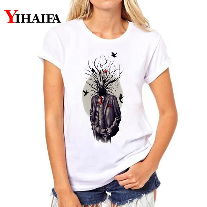 

YIHAIFA New Women Graphics Tee Famele Short sleeve T-shirt Idea Tree Printed Casual Pullover Tops White T Shirts