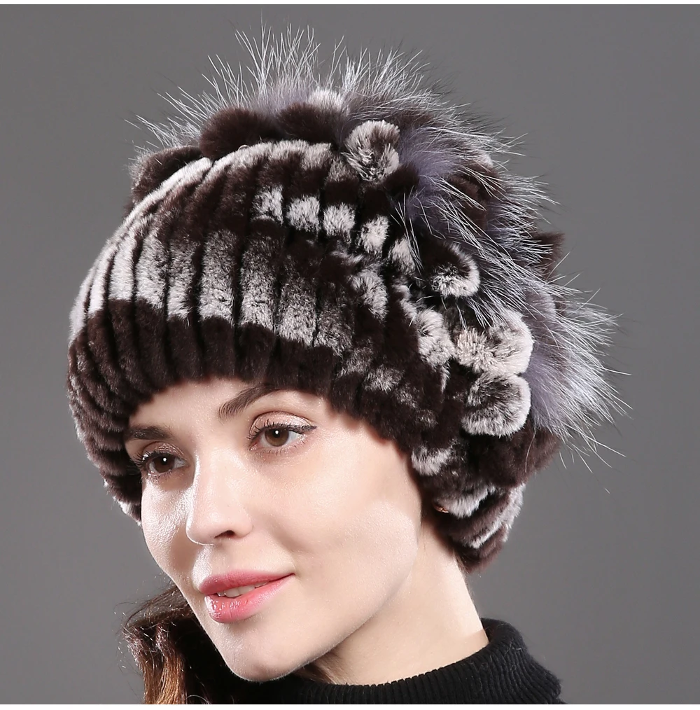 Стиль женский Настоящий мех кролика Skullies шапки Роскошные вязаные цветы натуральная шапка из меха кролика рекс зимние натуральный мех шапочки