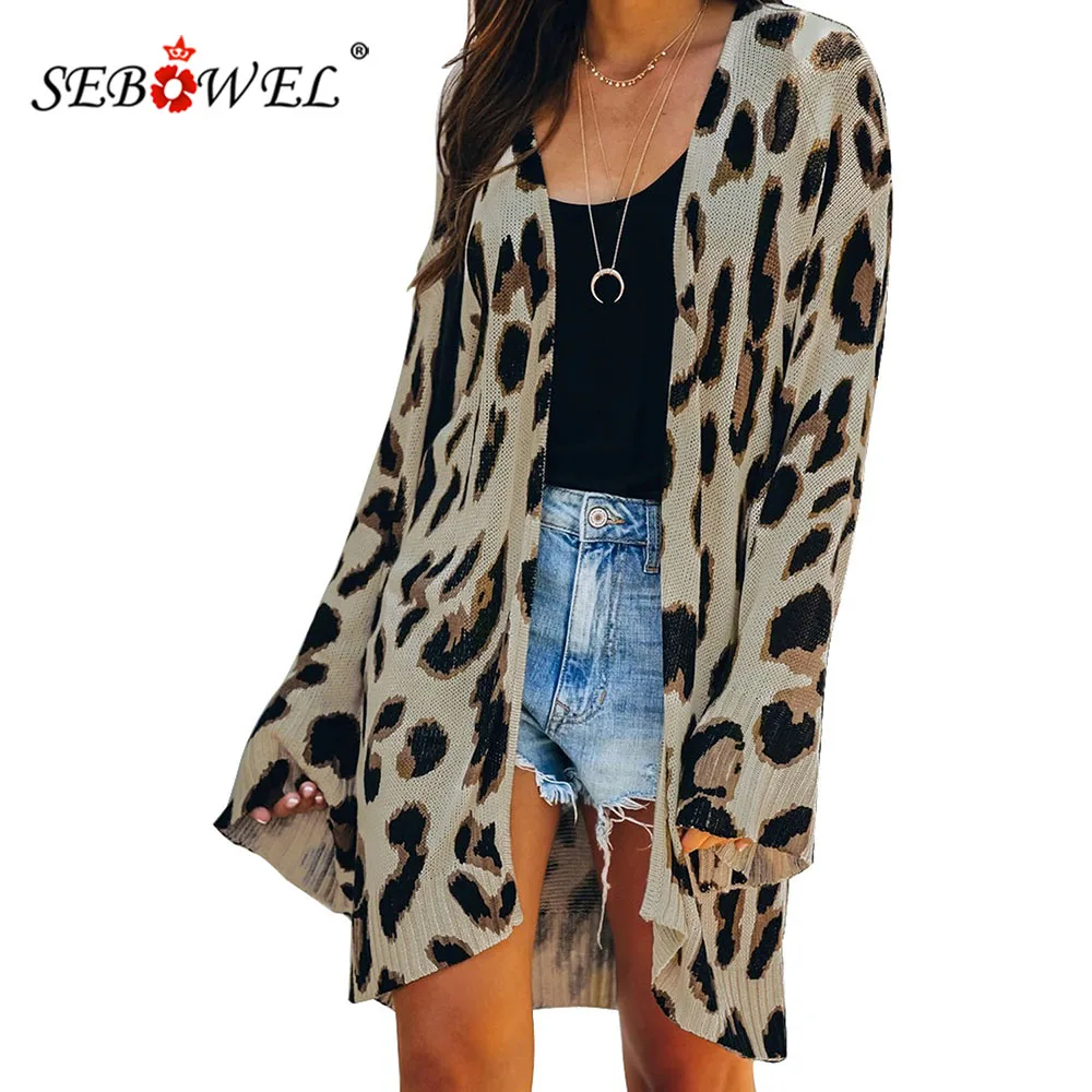 

SEBOWEL Oversized Knitted Leopard Cardigans Sweater for Women Autumn Winter Female Long Sleeve Loose Style Cardigans Coat S-XXL