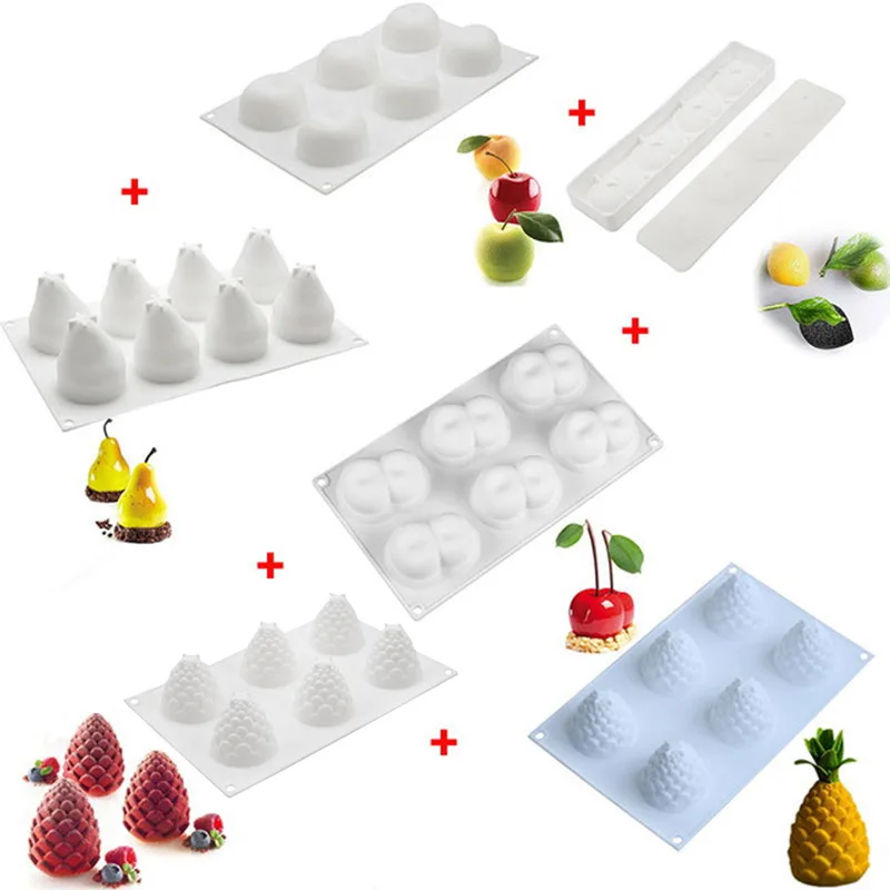 6Fruit Mold Together 3D силиконовая форма для торта в форме фруктов, форма для мусса, десерта, форма для яблока, лимона, груши, печенья, шоколада, формы для выпечки, сделай сам, противень для выпечки - Цвет: 6Fruit Mold Together
