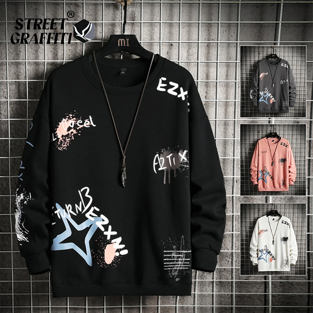 Men Casual Hoodie Sweatshirt Vintage Painted Style Hip Hop Creativity  Autumn Streetwear 2021 Fashion Crewneck Cotton Men Hoodies