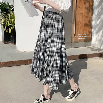 

2020 Spring Summer Plaid Pleated Skirt Elastic High Waist Midi Long A-line Skirt Womans Harajuku Preppy Style Vintage Skirt