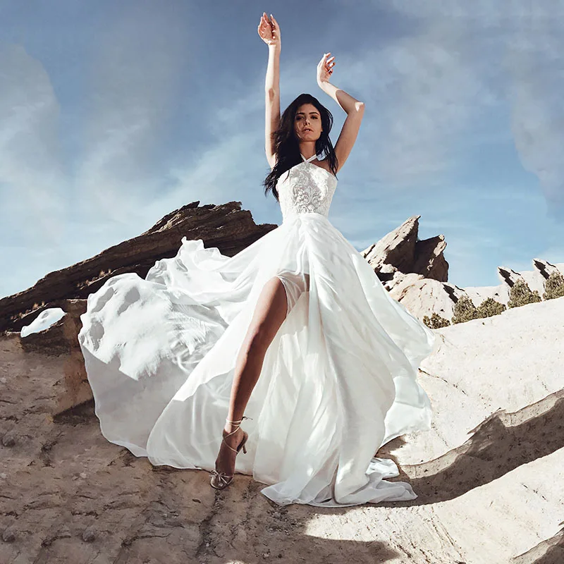 Пляжные свадебные платья, сексуальное свадебное платье с лямкой через шею и Боковым Разрезом, кружевные аппликации, длинное шифоновое богемное свадебное платье, Vestido De Noiva - Цвет: White