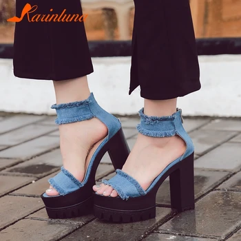 

Karinluna 2020 New Fashion Platform Chunky High Heels Summer Sandals Woman Shoes Zip Up Denim Fashion Shoes Lady Sandals