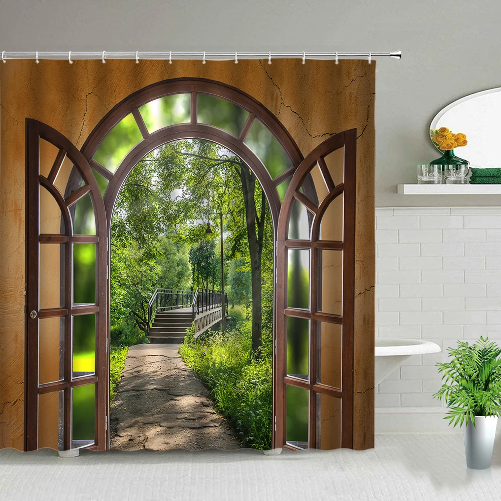 Shower Curtains Window Outside Forest Bridge Spring Landscape Creativity Zen Stone Tree Building Scenery Cloth With Hook