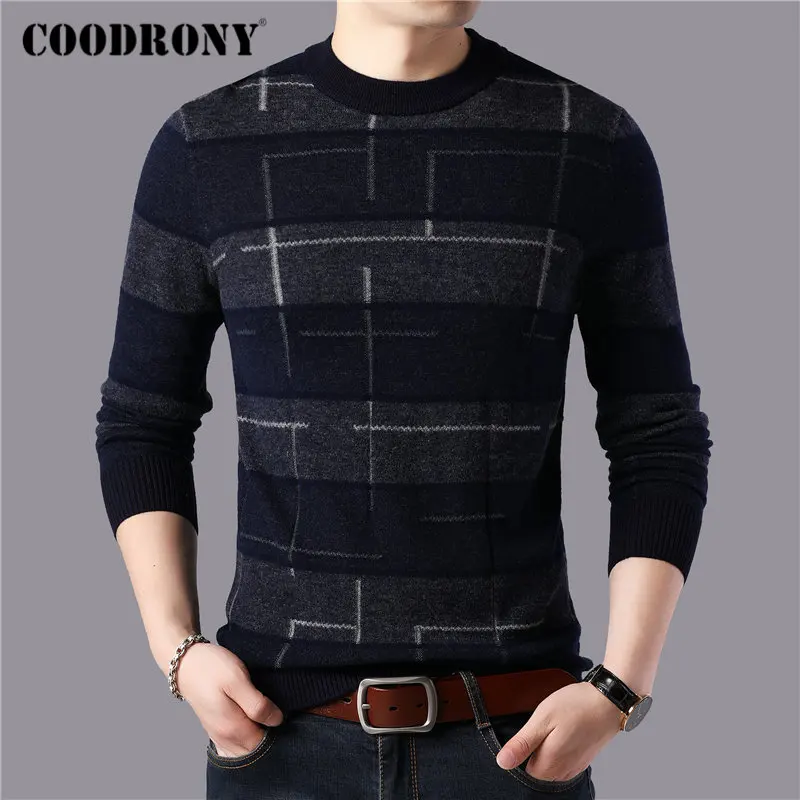 

COODRONY Brand 100% Merino Wool Sweater Men Fashion Plaid Pull Homme Winter Thick Warm Sweaters Soft Cashmere Pullover Men 93046