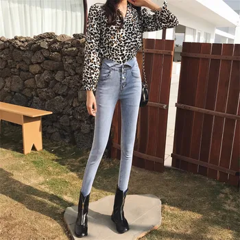 

Real shot 2020 new fashion high waist irregular single-breasted jeans casual stretch skinny feet nine points pencil pants